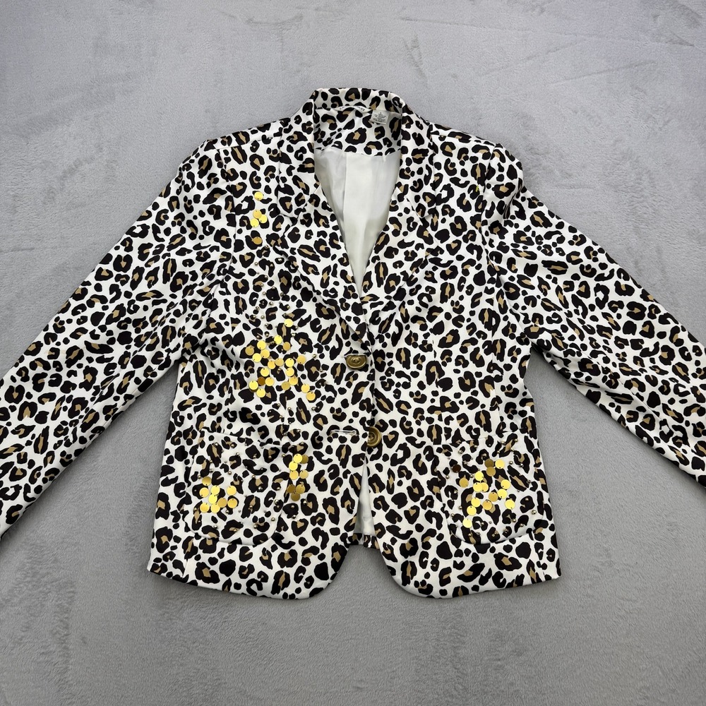 Laura Ashley Blazer Womens Large White Leopard Print Sequin Gold Button Satin